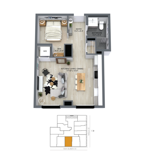Floor plan for 1 bed, 1 bath, 533 sqft